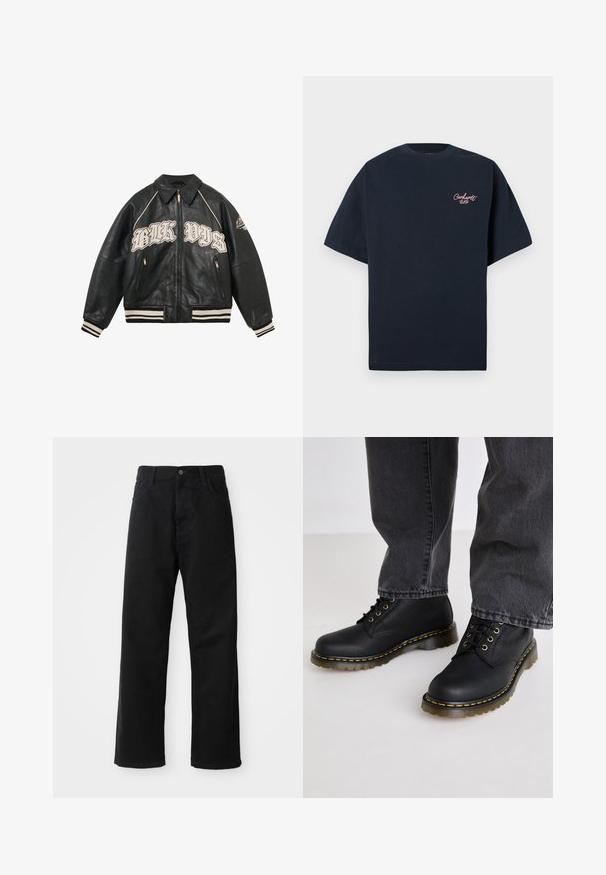 Juodas odinis bomber tipo švarkas su šviesiai pilku siuvinėtu tekstu "BLK VIBZ", auksiniu užtrauktuku ir raštuotomis megztomis rankovėmis bei apačia. Pabrėžia kontrastingą siuvimo dizainą.; Tamsiai mėlynas medvilninis marškinėliai su trumpomis rankovėmis, su mažą rožinę išsiuvinėtą logotipą kairėje krūtinės pusėje ir klasikinio apvalaus kaklo dizainu.; Juodo džinsinio audinio keliaraiščiai su tiesia iškarpa, turintys priekinės kišenes, užtrauktuką ir vieną viršutinį mygtuką. Audinys tekstūruotas, su matinio paviršiaus apdaila.; Juodi odiniai bateliai su raišteliais, su tekstūruotu paviršiumi, storu guminio pado, ir geltonais siūlėmis, derinami su pilkais džinsiniais kelnais.