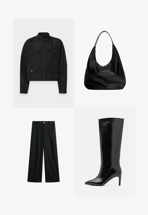 Giacca nera cropped realizzata in tessuto leggero. Presenta un colletto alto, chiusura frontale con bottoni e due tasche sul petto con pattina.; Maglione nero a girocollo realizzato in tessuto morbido, con maniche lunghe e un design pulito e semplice, privo di motivi o dettagli distintivi.; Pantaloni larghi neri con sottili righe verticali, chiusura frontale con bottone, passanti per cintura e tasche laterali, posati su uno sfondo bianco.; Call it Spring RHODDE - Stivali con i tacchi - black; Borsa hobo in pelle nera con design morbido, ampia tracolla e texture liscia. Presenta una chiusura con zip laterale.