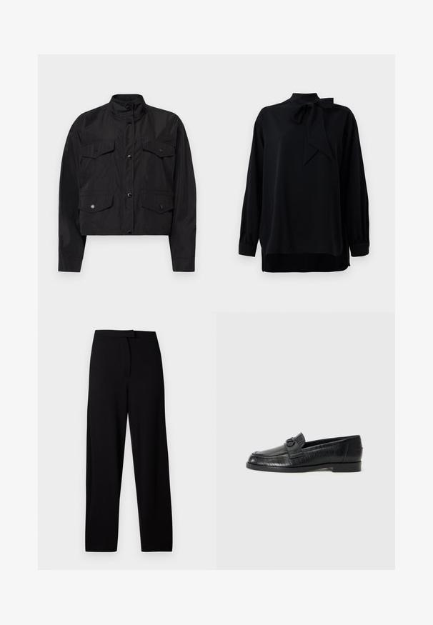 Mustan lyhyen takin, joka on valmistettu kevyestä kankaasta. Siinä on korkea kaulus, edessä nappisulku ja kaksi rintataskua läpillä.; Musta paita, jossa on korkea kaulus ja solmukkeen yksityiskohta. Pitkät hihat, joissa on käänteet. Valmistettu sileästä kankaasta, rento istuvuus.; Mustat leveälahkeiset housut, jotka on valmistettu pehmeästä ja joustavasta kankaasta. Ominaisuuksiin kuuluu sileä vyötärö ja ei näkyviä saumoja tai taskuja. Yksinkertainen ja monipuolinen muotoilu.; Mustat nahkaiset loaferit, joissa on sileä pinta, kohokuvioitu viivakuvio ja koristeellinen solki varvaskappaleessa. Matala, lohkareilu korko.