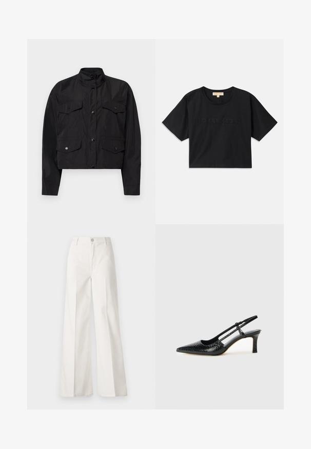 Casaco preto cropped feito de tecido leve. Apresenta um colarinho alto, fecho frontal com botões e dois bolsos no peito com aba.; Camiseta cropped preta feita de algodão. Possui decote redondo e mangas curtas. "MICHAEL KORS" bordado na mesma cor na frente.; Calças largas brancas feitas de algodão com uma textura suave. Apresenta um botão frontal, fecho de correr e um design de quatro bolsos.; Salto slingback em patente preta com bico apontado, apresentando um padrão de pele de cobra texturizado, tira ajustável e um salto bloco curto e texturizado.