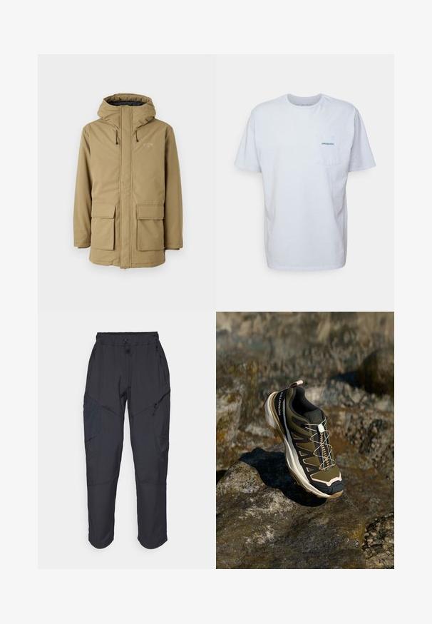 Khaki waterproof jacket with a hood, zip closure, two front pockets, and elastic cuffs. Features a logo on the upper left chest area.; White cotton t-shirt with short sleeves, round neck, and a left chest pocket featuring a blue "Patagonia" logo. Classic fit with a smooth texture.; Black cargo pants made from a lightweight, water-resistant material; features elastic waistband, multiple zippered pockets, and tapered legs.; Hiking shoe in olive green and black with pink accents. Features a textured upper, flexible sole, reinforced toe cap, and colorful lacing system.