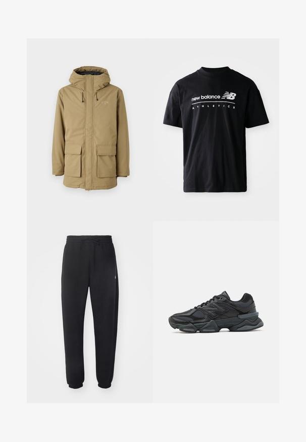 Khaki waterproof jacket with a hood, zip closure, two front pockets, and elastic cuffs. Features a logo on the upper left chest area.; Black cotton t-shirt featuring a crew neck, short sleeves, and white "new balance" and "ATHLETICS" text graphics on the front.; Black sweatpants made of soft material with an elastic waistband, drawstring, and tapered cuffs, featuring a subtle logo on the side.; Black running shoe featuring a mix of mesh and synthetic materials, chunky sole, curved design, and prominent branding on the side.