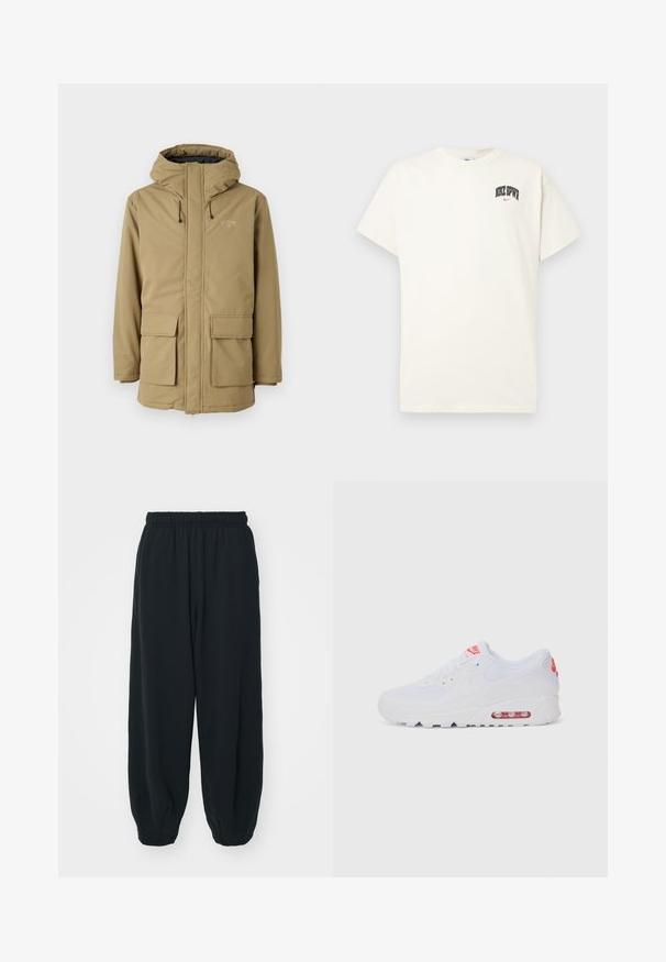 Kakhi vattentät jacka med huva, dragkedja, två framfickor och elastiska ärmar. Har en logotyp på övre vänstra bröstområdet.; Krämm färgad bomulls t-shirt med kort ärm, med "NIKE SB" i svart och röd text på bröstet. Standard rund halsringning.; Svarta, elastiska sweatpants med lös passform, mudd vid anklarna, slät textur och utan synliga mönster eller detaljer i metall.; Vit atletisk sneaker med en slät överdel, snörning, vadderad sula och en synlig luftenhet med röda detaljer på varumärket.