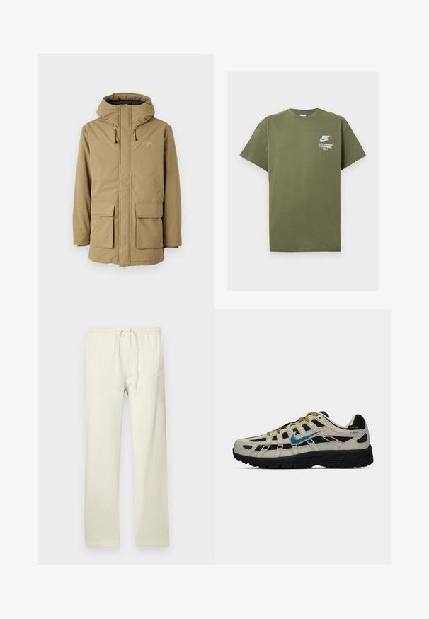 Khaki waterproof jacket with a hood, zip closure, two front pockets, and elastic cuffs. Features a logo on the upper left chest area.; Olive green cotton t-shirt with short sleeves, crew neck, and white printed text: "NIKE AUTHORIZED PERSONNEL ONLY" on the front.; Light beige sweatpants with a drawstring waist, made of soft material. Features a subtle Nike logo in white on the left thigh.; Beige and black Nike P-6000 sneaker with blue swoosh, yellow laces, black sole, and Cordura fabric label on the heel.