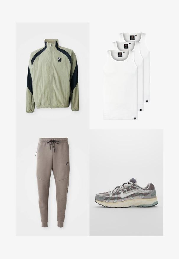 Heleda roheline lukuga jakki tumesiniste aksendidega, raglanvarrukatega ja tekstuurse kangaga; vasakul ülal nurgas on brändi logo.; Kolm valget ribaga t-särki, mis on valmistatud puuvillast. Omavad ümmargust kaelanõhku ja väikseid musti silte hemme lähedal. Saadaval erinevates suurustes.; Hallide Nike dressipüksid, millel on nööriga vöökoht, kitsenevad sääred, küljetaskud ja eristuv õmbluse detail. Pehme, tekstureeritud kangas.; Hallus hallitus jalanõud, millel on võrgust ja sametist ülemine osa, valged rõhutused, pehme tald ning eristuv disain peegelduvate elementidega.