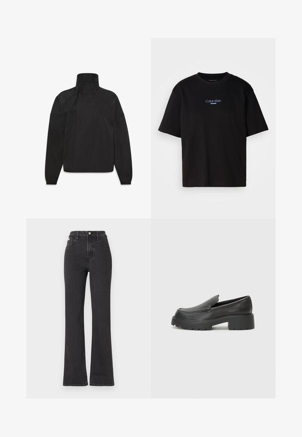 Must valmistatud siledast, veekindlast materjalist, must kerge jope kõrge kraega, lukuga kinnitusega, elastsete mansettide ja esiküljel logoga.; Mustmust särk ümmarguse kaelusega, lühikeste varrukatega ja sinise tikandiga "Calvin Klein JEANS" logo ees.; Mustad kõrge vöökohaga laienevad teksapüksid, mis on valmistatud denimist, varustatud nööbiga kinnitamise, vöörihmade ja küljetaskutega. Sile tekstuur minimaalse pleekimisega.; Mustad nahast loafers ümarate varvastega, paksu tekstuuriga tald ja minimaalsete õmbluse detailidega. Viimistletud disain, kus pole nähtavaid paelu ega riistu.