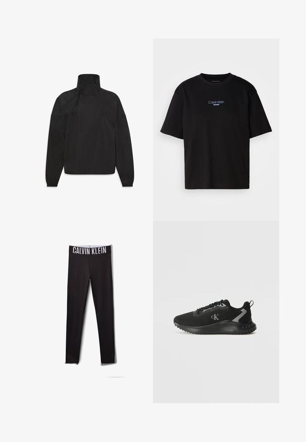 Veste légère noire avec un col haut, fermeture éclair, poignets élastiques et logo sur le devant, fabriquée en matériau lisse et résistant à l'eau.; T-shirt en coton noir avec un col rond, des manches courtes et un logo brodé bleu "Calvin Klein JEANS" sur le devant.; Leggings noirs avec un logo "CALVIN KLEIN" blanc sur la ceinture. Matière lisse, design ajusté, avec des accents en mesh au niveau des chevilles.; Baskets de sport basses noires en maille respirante, avec un système de laçage, une semelle texturée, et le logo "cK" sur le côté.