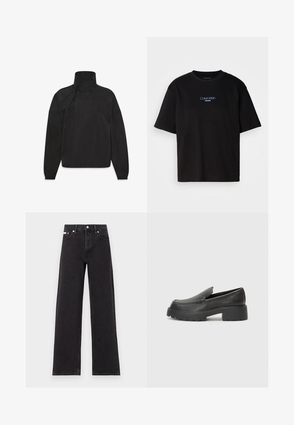Jachetă ușoară neagră cu guler înalt, închidere cu fermoar, manșete elastice și logo pe față, fabricată dintr-un material neted, rezistent la apă.; Tricou din bumbac negru cu guler rotund, mâneci scurte și logo-ul brodat în albastru "Calvin Klein JEANS" pe față.; Jeanși negri cu picioare largi, fabricați din denim, cu talie înaltă, stil cu cinci buzunare și închidere cu nasture metalic, cu cusături contrastante.; Mocasini din piele neagră, cu vârf rotunjit, talpă groasă texturată și detalii minimale de cusătură. Design elegant, fără șireturi sau accesorii vizibile.