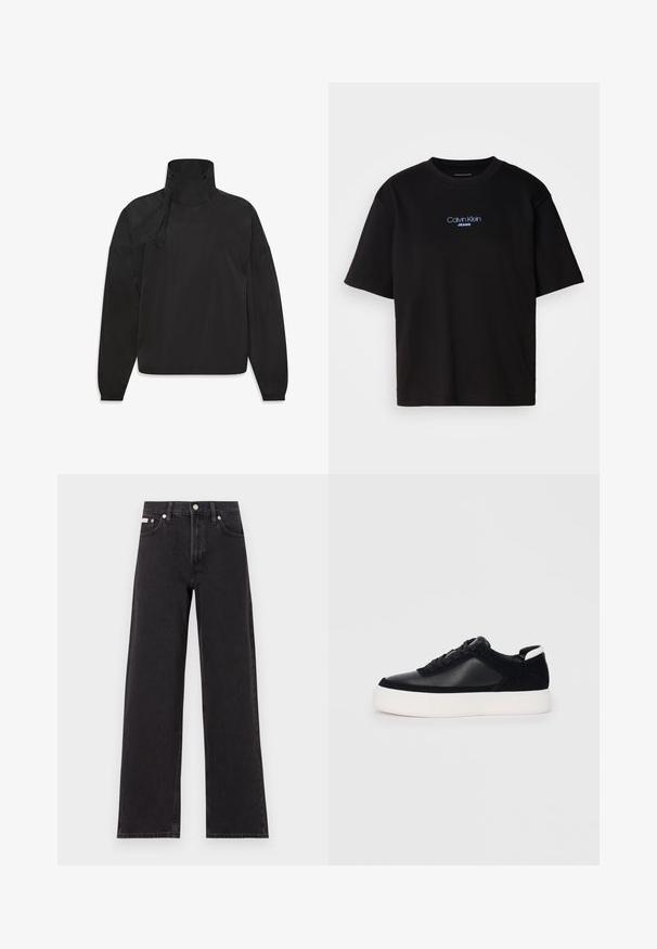 Chaqueta ligera negra con cuello alto, cierre de cremallera, puños elásticos y logo en la parte frontal, hecha de un material liso y resistente al agua.; Camiseta de algodón negra con cuello redondo, manga corta y el logotipo azul bordado de "Calvin Klein JEANS" en el frente.; Jeans anchos de mezclilla negros, con cintura alta, cinco bolsillos y cierre de botón metálico con costuras contrastantes.; Zapatilla negra con paneles de cuero liso y de ante, cordones planos, punta redondeada y una suela de goma blanca. Logotipo distintivo en el talón.