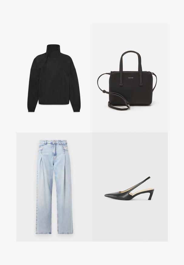 Czarna, lekka kurtka z wysokim kołnierzem, z zamkiem błyskawicznym, elastycznymi mankietami i logo z przodu, wykonana z gładkiego, wodoodpornego materiału.; Czarny bawełniany T-shirt z okrągłym dekoltem, krótkimi rękawami i białym nadrukiem logo "Calvin Klein" oraz tekstem "Established 1968".; Jasnoniebieskie dżinsy z wysokim stanem, szerokimi nogawkami, dwoma bocznymi kieszeniami oraz plisowanym wzorem. Miękka tekstura z wyblakłym wykończeniem.; Czarny but na obcasie typu slingback z ostro zakończonym noskiem, z niskim obcasem, wykonany z gładkiej skóry, z wycięciem po boku dla lepszej wentylacji.; Czarna torebka z dwoma krótkimi uchwytami i odpinanym paskiem na ramię. Gładki materiał przypominający skórę, z zamkiem błyskawicznym i detalem z logo.