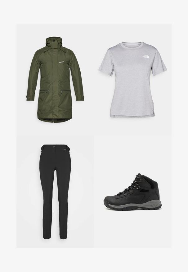 Olivgrüner wasserdichter Parka mit Kapuze, Reißverschlusstaschen und verstellbaren Bündchen. Bietet ein schlankes, strukturiertes Design und eine texturierte Stoffoberfläche.; Graues T-Shirt mit kurzen Ärmeln aus weichem, feuchtigkeitsableitendem Stoff. Hat einen Rundhalsausschnitt und ein kleines weißes Logo auf der oberen linken Seite.; Schwarze, enganliegende Hosen aus einem flexiblen Material. Zu den Merkmalen gehören eine seitliche Reißverschlusstasche, vorgeformte Knie und eine glatte Textur.; Schwarzer Wanderstiefel mit einem mittelhohen Design, ausgestattet mit einer strukturierten Oberfläche, grauen Akzenten und einer robusten Gummisohle mit Profilstollen.