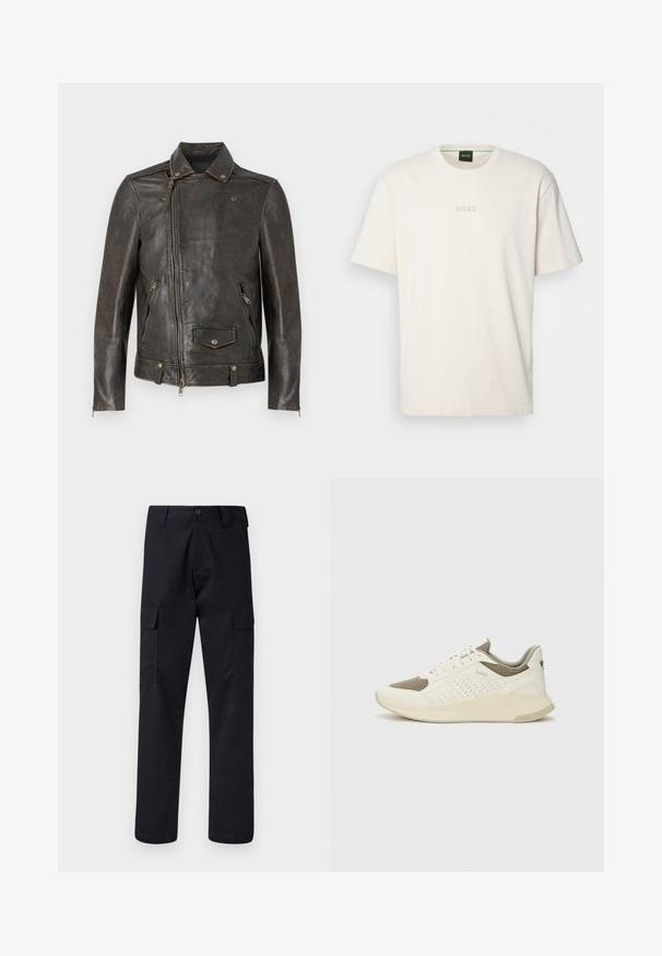 Rjava usnjena jakna z zadrgo, s pokrovčkom na ovratniku, sprednjimi žepi z zadrgo in teksturirano površino, okrašena z kovinskimi detajli.; BOSS TEE - Navadna majica - open white; Črne cargo hlače iz trpežnega blaga, z ravnim krojem, dvema stranskima žepoma in gumbom za zapiranje na pasu.; Beli in svetlo bež športni copat, s mrežastim zgornjim delom, perforiranimi detajli in teksturirano srednjim delom z blagovno znamko na peti.