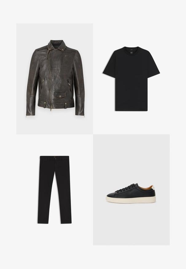 Brun läderjacka med dragkedja, tryckknappskrage, framsida med dragkedjefickor och en texturerad yta med metalliska detaljer.; Svart kortärmad T-shirt i en mjuk bomullsblandning, med rundad halsringning och en minimalistisk design utan mönster eller detaljer.; Svarta byxor gjorda av tyg med en slät textur. Har en knäppning med knapp, bälteshällor och sidofickor. Standard rakt ben-design.; Svarta lädersneakers med en slät yta, beige gummisula, snörning och en kontrasterande hälackcent.