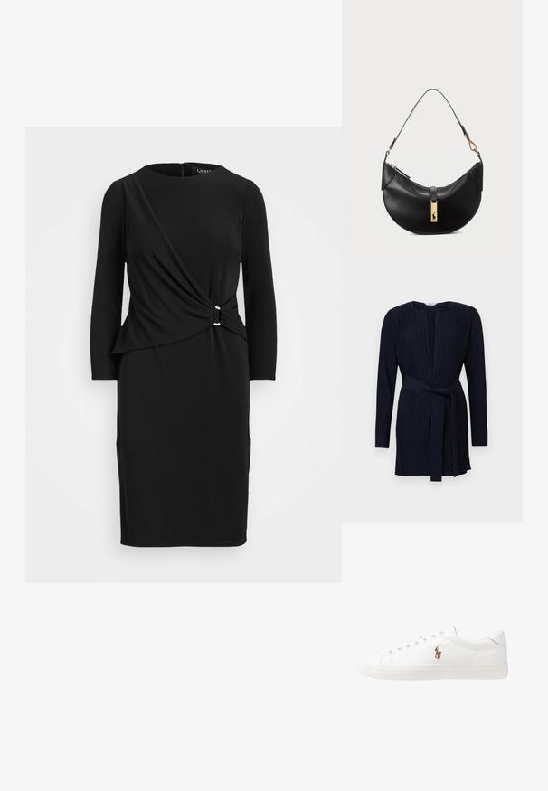 Námořnická modrá dlouhá šatová s rukávy s žebrovanou texturou, s kulatým výstřihem a odpovídajícím páskem v pase.; Černé dlouhé šaty s dlouhým rukávem a uzlovým detailem v oblasti pasu, s kulatým výstřihem a dvěma kapsami, vyrobené z hladké, pružné látky.; Bílé kožené tenisky, nízký střih, s hladkým povrchem, kulatou špičkou, šněrováním v přední části a malým vyšitým logem na boku.; Černá kožená kabelka ve tvaru půlměsíce. Obsahuje zlaté kovové detaily a úzký popruh. Hladký povrch, zapínání na zip na vrchu.