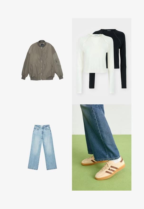 Veste bomber vert olive avec des poignets et un ourlet côtelés, fermeture éclair, deux poches avant et une poche supplémentaire sur la manche. Texture de tissu lisse.; Deux tops à manches longues, l'un blanc et l'autre noir. Les deux présentent des encolures rondes et des zips décoratifs à l'épaule. Tissu lisse.; Jeans en denim bleu clair à jambe large avec une taille haute, présentant un délavage léger et de petits détails de déchirures éparpillés.; Baskets beiges avec des panneaux crémeux texturés et des rayures brunes, accompagnées d'un jean en denim bleu. Le jean a une coupe large et un ourlet effiloché.