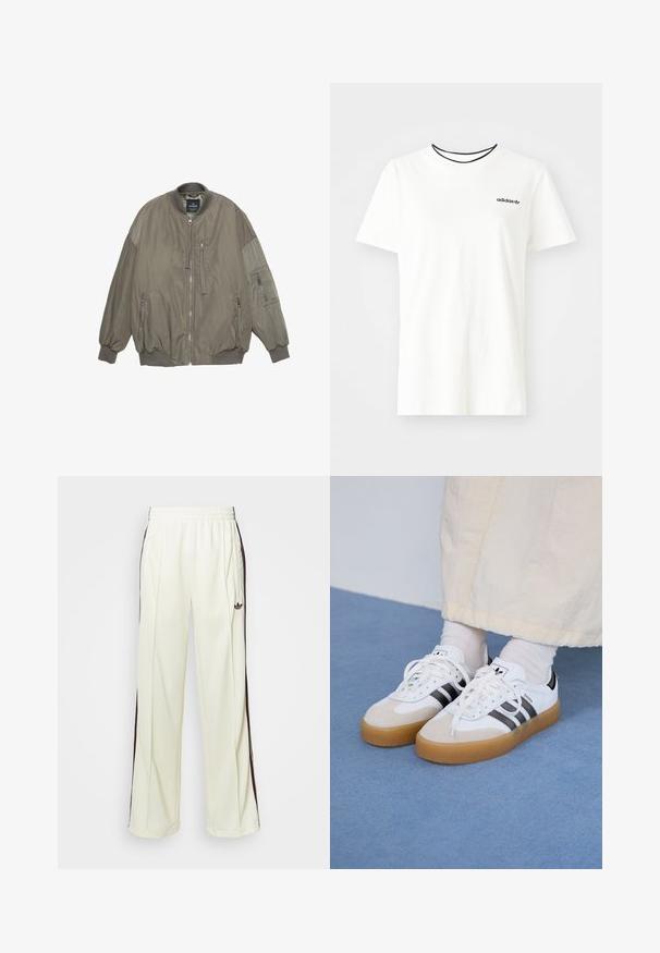 Olíva zöld bomber dzseki bordázott mandzsettával és aljjal, cipzáras záródás, két elülső zseb és egy plusz zseb a kézfején. Simább anyagú textúra.; Fehér pamut póló rövid ujjakkal és kerek nyakkivágással. A mellkason egy fekete Adidas logó található, valamint kontrasztos fekete belső gallér.; Krémszínű, laza szabású melegítőnadrág, sötétbarna oldalsávokkal és hímzett logóval a bal combon.; Fehér sportcipő fekete csíkokkal és bézs velúr részletekkel. Texturált gumi talppal és lapos fehér fűzőkkel rendelkezik, világos színű zoknival viselve.