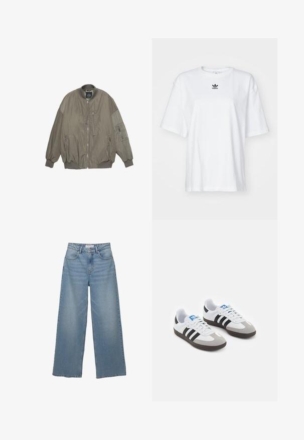 Jachetă bomber de culoare verde măslinie, cu manșete și tiv ribbate, închidere cu fermoar, două buzunare frontale și un buzunar pe mânecă. Textură de țesătură netedă.; Tricou alb cu mânecă scurtă, fabricat din bumbac. Are un guler rotund și un mic logo negru Adidas pe piept. Tiv drept.; Jeans largi de un albastru deschis, fabricate din denim. Au talie înaltă, cinci buzunare și croială dreaptă, cu o decolorare minimă.; Încălțăminte sport cu un superior din piele albă, vârf din suede gri și trei dungi negre. Prezintă un logo albastru pe limbă și o talpă din cauciuc texturat.