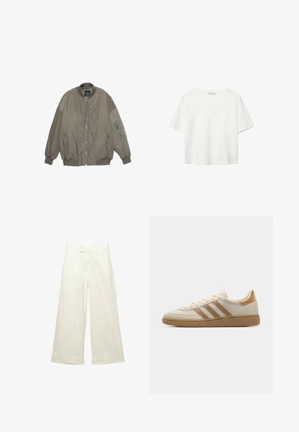 Olive green bomber jacket with ribbed cuffs and hem, zip closure, two front pockets, and an additional sleeve pocket. Smooth fabric texture.; White short-sleeve t-shirt made of cotton. Features a crew neckline and a relaxed fit. Smooth texture with no visible patterns or accents.; Wide-leg trousers in soft, cream fabric. Features a flat front waistband and rolled cuffs. Smooth texture with a clean, minimalist design.; Beige suede sneaker with light brown accents. Features three brown stripes, textured rubber sole, and a rounded toe design.