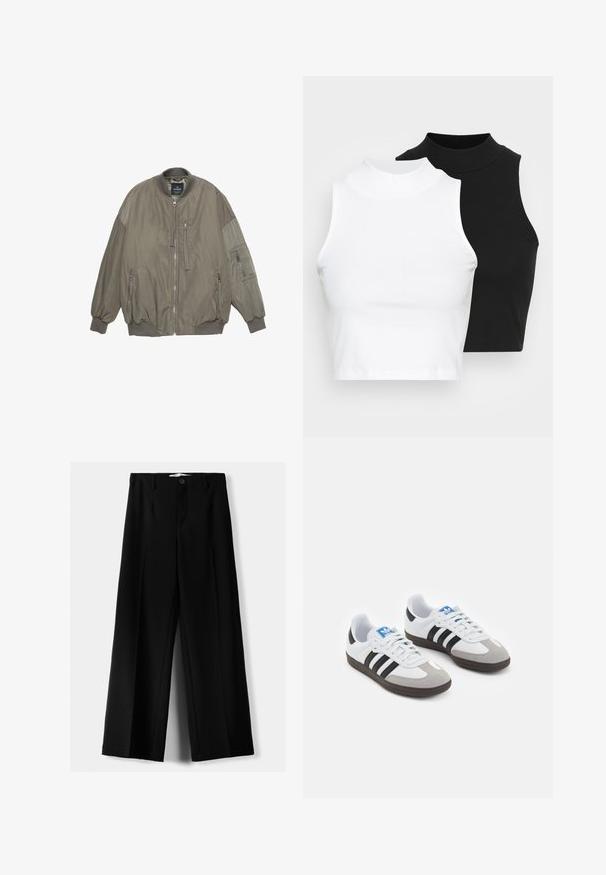 Olijfgroene bomberjack met ribgebreide manchetten en zoom, ritsluiting, twee voorzakken en een extra zak op de mouw. Gladde stofstructuur.; Twee mouwloze ribgebreide coltruien in zwart en wit, met een slim fit ontwerp en een gladde textuur, met een cropped lengte.; Zwarte wijde broek van lichtgewicht stof, met een knoopsluiting aan de voorkant en een vlakke achterkant, afgewerkt met keurig gestikte zoom.; Sportschoenen met een witte leren bovenkant, grijze suède neus en drie zwarte strepen. Bevat een blauw logo op de tong en een gestructureerde rubberen zool.