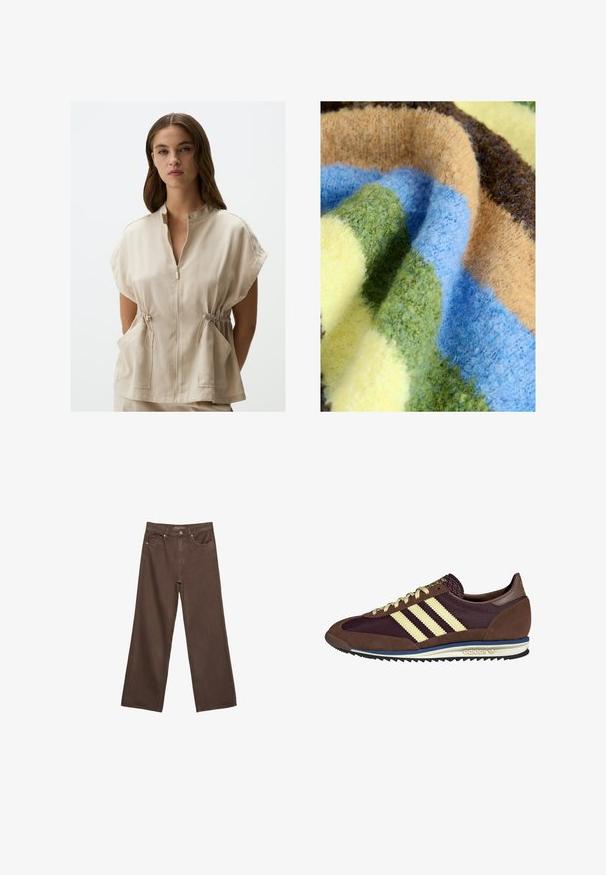 Beige, short-sleeved top with a zip front, standing collar, and elastic drawstring at the waist. Features two front pockets. Smooth texture.; Multicolored blanket featuring thick, soft texture with stripes in green, blue, beige, brown, and yellow. Cozy and plush material.; Wide-leg brown jeans made of denim, featuring a high waist, front pockets, and a classic button closure. Smooth texture with subtle stitching.; Brown and burgundy sneaker with suede and mesh materials, featuring three cream stripes, textured fabric on the tongue, and a rubber sole.