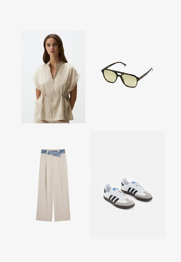 Beige, kortarmige top met een ritssluiting aan de voorkant, staande kraag en elastische trekkoord in de taille. Voorzien van twee voorzakken. Glad textuur.; Gebreide trui met golfpatronen in blauw en wit, voorzien van een crèmekleurige ronde hals en geribde mouwen en zoom. Textuurontwerp door de hele trui.; Lichtbeige wijde broek met een denim tailleband, voorzien van twee knopen en geplooide details aan de voorkant. Gladde textuur en ontspannen pasvorm.; Sportschoenen met een witte leren bovenkant, grijze suède neus en drie zwarte strepen. Bevat een blauw logo op de tong en een gestructureerde rubberen zool.; Schildpadbril met een rechthoekige vorm, groengetinte lenzen en gepatterde acetaat montuur. Kenmerkt metalen accenten nabij de lenzen.