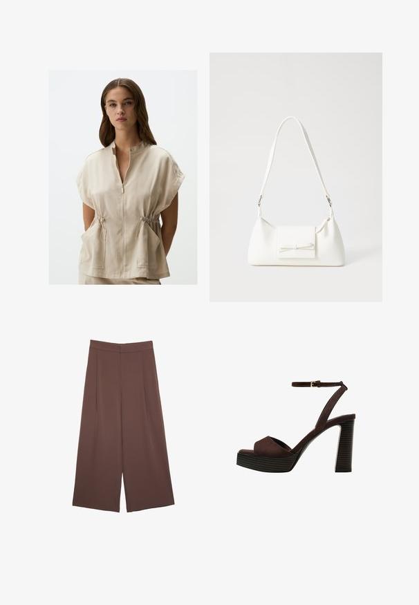 Beige, kurzärmliges Oberteil mit Reißverschluss vorne, Stehkragen und elastischem Zugband in der Taille. Besitzt zwei Vordertaschen. Glatte Textur.; Braunes, kurzärmliges T-Shirt aus weichem Material mit rundem Halsausschnitt und lockerer Passform. Keine sichtbaren Muster oder Akzente.; Braune Weite-Leg-Hosen mit einer glatten Textur, hoher Taille und Vorderfalten. Der Stoff ist leicht und fällt locker.; Braune Wildleder-Pumps mit offenem Zeh, verstellbarem Knöchelriemen und gestreiftem Plateausohlen.; Weiße synthetische Handtasche in dreieckiger Form, flache Vorderklappe und Schleifendetail, verstellbarer Trageriemen, glatte Textur und minimalistisches Design.