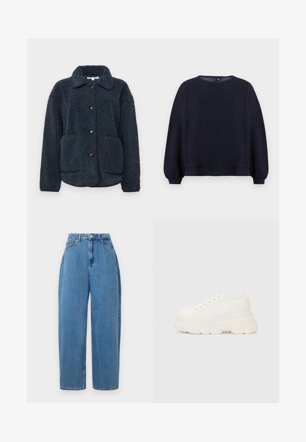 Tamsiai mėlynas fliso švarkas su tekstūruotu audiniu, mygtukų uždarymu, smailiu apykaklės dizainu ir dviem priekinėmis kišenėmis. Sukurtas šilumai ir komfortui.; Tamsiai mėlynas džemperis su apvaliu iškirpimu, nuleistomis pečių linijomis ir susiraukšlėtais rankogaliais. Lygi tekstūra, laisvas kirpimas ir raukšlėtas apačios kraštas.; Šviesiai mėlynos džinsinės kelnes su tiesiu kirpimu, aukštu liemeniu ir priekyje užsegimu mygtuku. Turi penkias kišenes ir minimalias siuvimo detales.; Balti drobės sportbačiai su storu padu, apvalia nosimi ir penkiomis akytėmis raištams. Gale yra kilputė, kad būtų lengva užsidėti. Sklandus paviršius, minimalistinis dizainas.