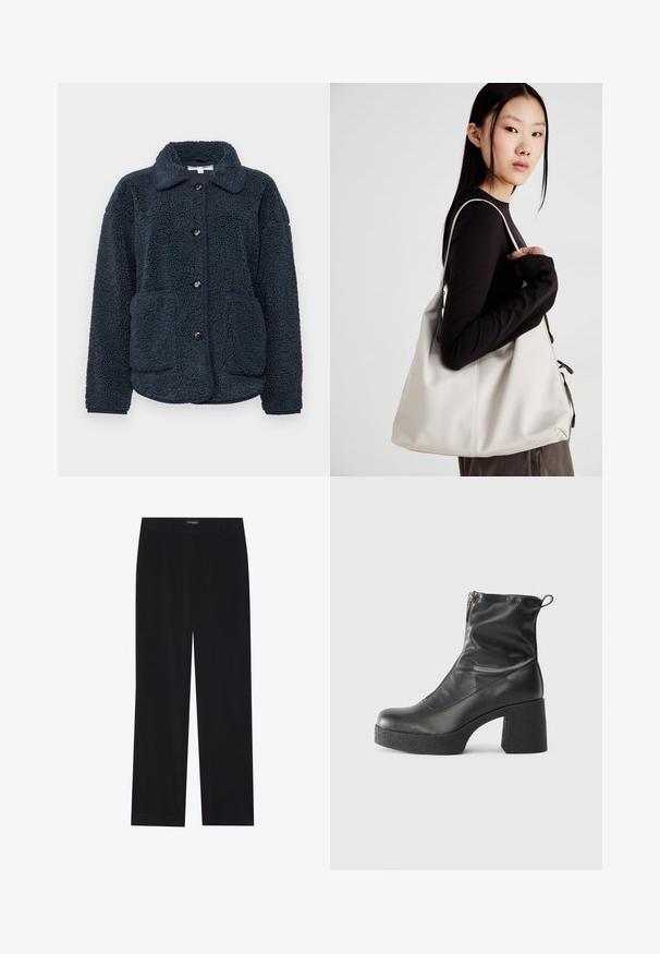 Jachetă din polar bleu marin, cu o țesătură texturată, închidere cu buton, guler ascuțit și două buzunare frontale. Proiectată pentru căldură și confort.; Pulover negru cu mâncă lungă, cu textură ribbed, cu decolteu rotund, expus pe un fundal deschis și simplu.; Pantaloni din cord din culoare neagră, cu croială dreaptă, având un brâu plat și fără buzunare vizibile, textură netedă și detalii cu fante verticale.; Bocanci negri de glezna din piele netedă, cu fermoar lateral, toc texturat și masiv, și design cu vârf rotund.; Geantă bej din material moale, cu un design lejer, detalii cusute și două bretele pentru umăr. Potrivită pentru utilizarea zilnică.