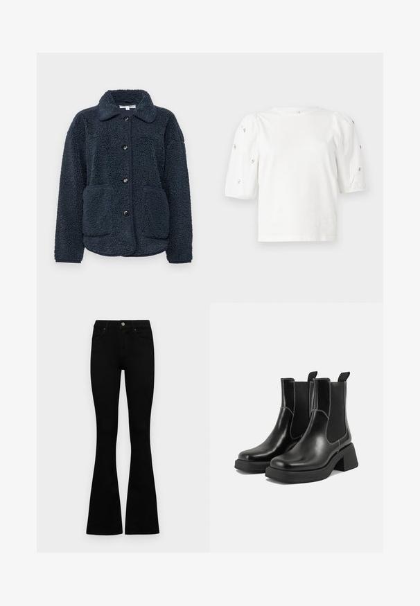 Mørkeblå fleecejakke med teksturert stoff, knappelukking, spiss krage og to for- lommer. Designet for varme og komfort.; Hvit bomull T-skjorte med korte pufferm, med små sølvdekorasjoner langs ermene. Klassisk rund hals, avslappet passform.; Sorte høytlivsjeans med knapp og glidelås, frontlommer og utsvingte bein liggende flatt på en hvit bakgrunn.; Sorte lær Chelsea støvler med en kraftig hæl, elastiske sidepaneler og kontrasterende hvid syning. Teksturert overflate.