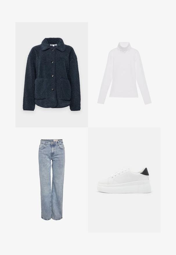 Granatowa polarowa kurtka z teksturowanym materiałem, zapięcie na guziki, wyostrzony kołnierz i dwie przednie kieszenie. Zaprojektowana z myślą o ciepłu i komforcie.; Biała bluzka z długim rękawem i golfem, wykonana z gładkiego, elastycznego materiału. Posiada wysoki kołnierz i dopasowany krój, bez widocznych wzorów czy zdobień.; Jasnoniebieskie dżinsy z szerokimi nogawkami, wykonane z denimu, z wysokim stanem, pięciowgzianą konstrukcją i subtelnym wyblaknięciem, dającym wrażenie noszonych.; Białe sneakersy na platformie wykonane z gładkiego materiału syntetycznego, z zaokrąglonym noskiem, sznurowanym zapięciem i teksturowaną gumową podeszwą. Czarne akcenty na pięcie.