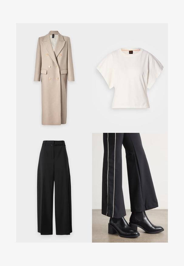 DRYKORN WORCESTER - Klassischer Mantel - sand; Weißes, kurzes T-Shirt, kurze weite Ärmel, weicher Baumwollstoff, runder Ausschnitt mit subtilen orangefarbenen Akzenten, minimales Design, keine Muster oder Grafiken.; Schwarze weite Hose mit hohem Bund und Gurt. Sie hat eine glatte Textur und klare Linien und ist für eine lockere Passform konzipiert.; Schwarze Lederstiefeletten mit einem Blockabsatz, ausgestattet mit elastischen seitlichen Einsätzen. Kombiniert mit schwarzen Hosen, die einen weißen Seitenstreifen haben.