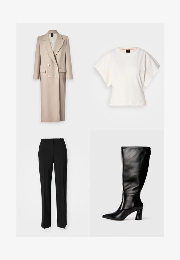 DRYKORN WORCESTER - Klassisk frakke - sand; Hvid cropped T-shirt, korte brede ærmer, blødt bomuldsstof, rund halsudskæring med diskret orange kant, minimalistisk design uden mønstre eller grafik.; Sorte skræddersyede bukser med lige ben-design, der har en glat tekstur og skarpe folder langs fronten. Ingen synlige hardware.; Knee-high sorte læderstøvle med spids tå, glat tekstur og en kraftig hæl. Har en lynlåsdetaile bagpå.