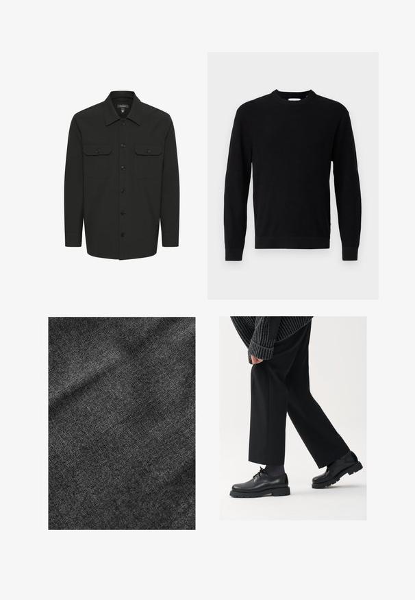 Melnas krekla jakas, kas izgatavota no gludas auduma. Ar pogātu priekšpusi, divām krūts kabatām ar atloks un garām piedurknēm.; Melnā adītā džemperis ar apaļu kakla izgriezumu, garām piedurknēm un ribotu tekstūru. Iezīmē taisnu malu un minimālistisku dizainu.; Tekstūrēta melna auduma ar mīkstu, nedaudz spīdīgu virsmu, kurā ir redzama smalka austu rakstu un gluda krāsa.; Melni ādas apavi ar noapaļotu purngalu, aukliņu dizainu un biezu, teksturētu zoli. Valkāti ar piegrieztām melnām biksēm un ribotu džempera.