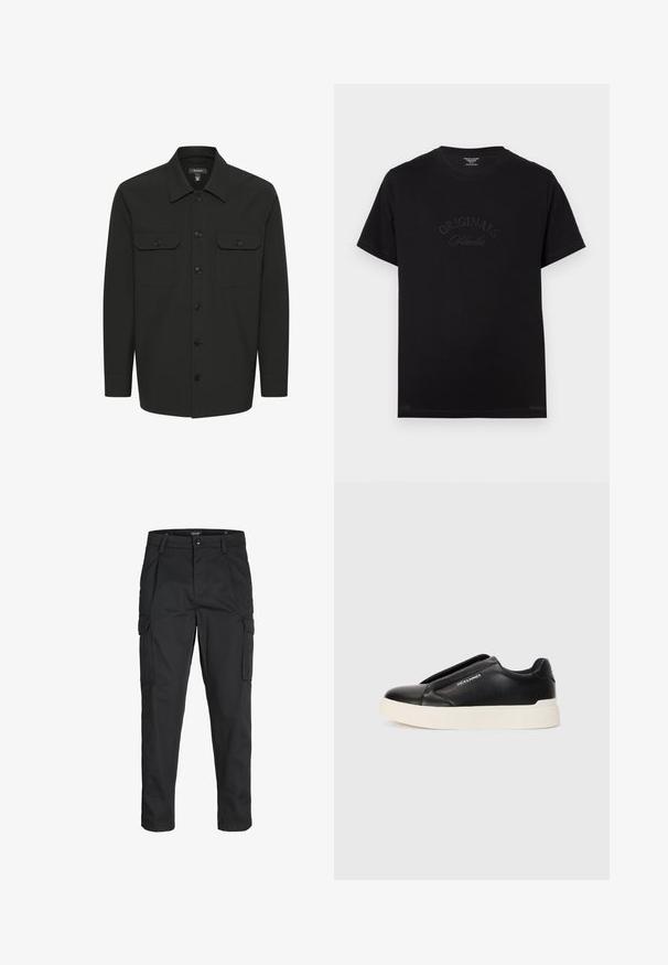 Fekete ingdzseki sima anyagból készült. Gombos eleje, két mellzsebe hajtókával és hosszú ujja van.; Fekete pamut póló rövid ujjakkal és kerek nyakkivágással. Az elején tónusos betűkkel a "ORIGINALS Studio" felirat látható.; Fekete cargo nadrág, amely tartós anyagból készült, több zsebet tartalmaz, gombos záródással rendelkezik, és karcsú szabású, szűkített lábakkal bír.; Fekete slip-on sneaker, textúrált bőrfelsővel, fehér gumitalppal és láthatatlan fűzőkkel. Az oldalon a márka logója található.