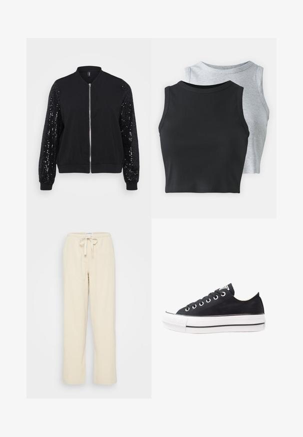 Čierna bomber bunda so rukávmi zdobenými flitrami, so zipsom a rebrovanými manžetami a lemom; mäkká tkanina s hladkou textúrou.; Even&Odd Petite 2 PACK - Top - light grey/black; Even&Odd Petite Nohavice - beige; Čierne plátenné tenisky s bielou gumovou podrážkou, okrúly špic, nízky dizajn, kovové očká a textúrovaný špic. Tenký čierny pruh pozdĺž podrážky.