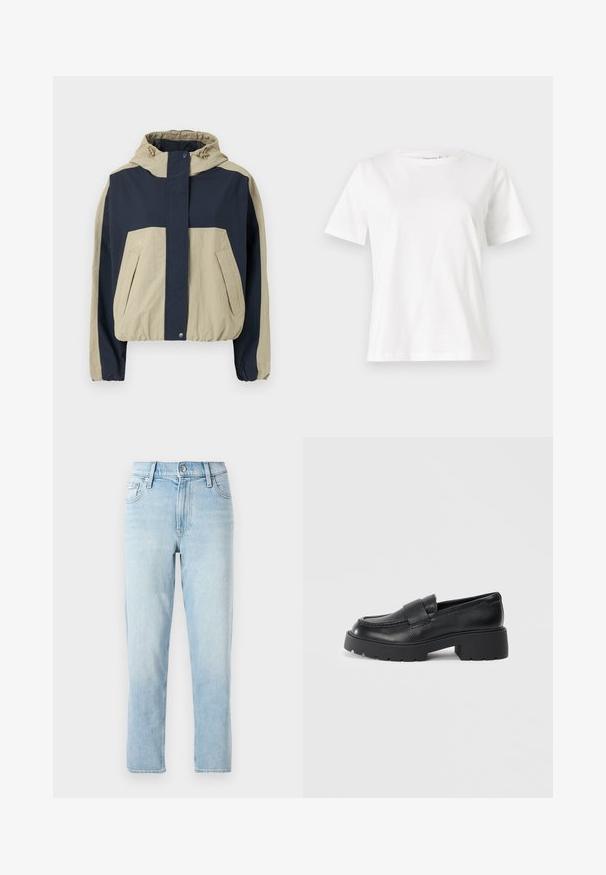 Hooded jacket featuring a navy and beige color-block design, elastic cuffs, and two front pockets; crafted from lightweight material.; White cotton t-shirt with short sleeves, round neckline, and a relaxed fit. Smooth texture, no patterns or accents, minimalistic design.; Light blue denim jeans, straight-leg design, mid-rise waist, with five-pocket styling and a button closure at the front.; Black leather loafers with a textured finish, featuring a rectangular strap across the vamp and a chunky, lug sole design.