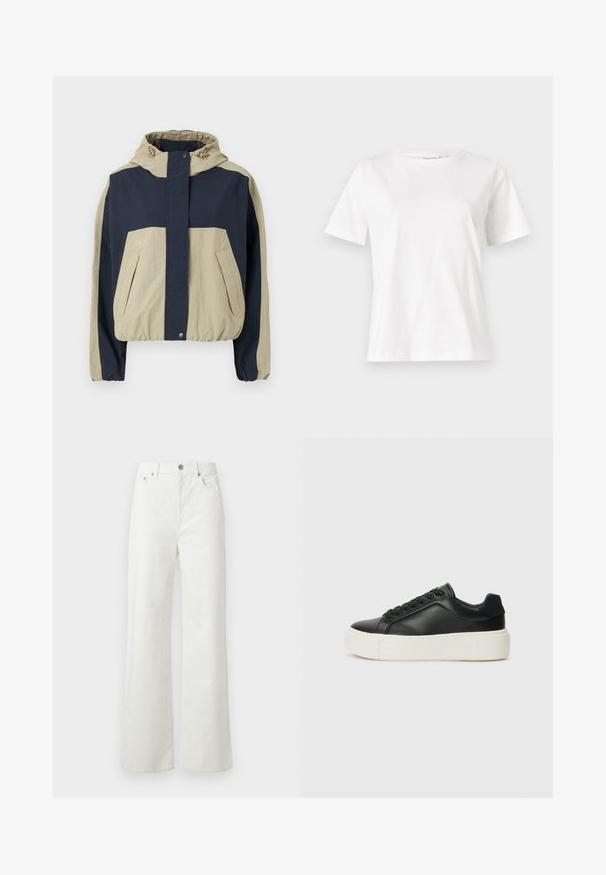 Kapiota su gobtuvu, turinti tamsiai mėlyną ir smėlio spalvos blokų dizainą, elastingus rankogalius ir dvi priekinės kišenes; pagaminta iš lengvos medžiagos.; Balta medvilninė marškinėliai trumpomis rankovėmis, su apvalia iškirpte ir laisvu siluetu. Lygi tekstūra, be raštų ar akcentų, minimalistinis dizainas.; Samsøe Samsøe SHELLY - Laisvo kirpimo džinsai - clear cream; Juodas odinis sportbačių modelis su apvaliu priekiu, baltu platformos padu ir juodais raišteliais. Yra subtilus logotipas ant kulno ir glotni tekstūra.