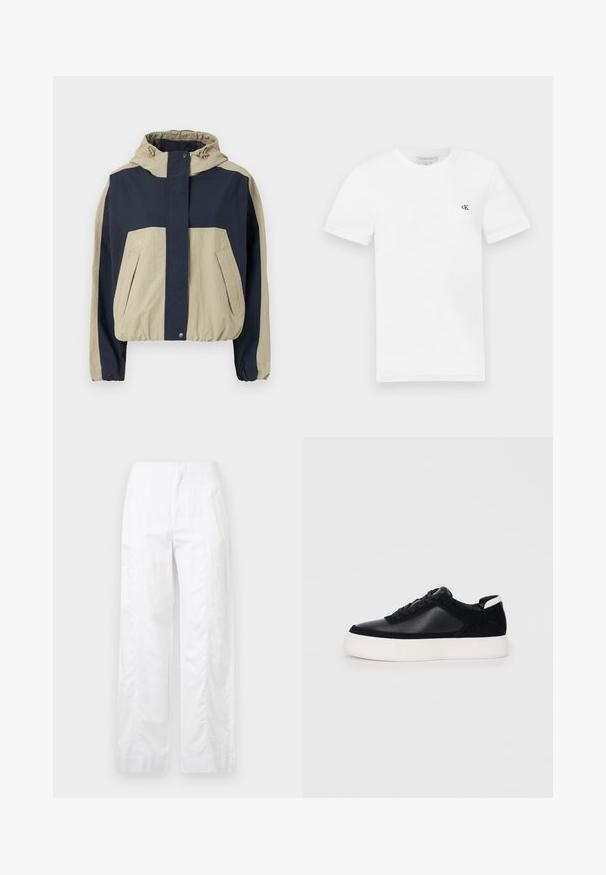Jachetă cu glugă, având un design în blocuri de culori bleumarin și bej, cu manșete elastice și două buzunare frontale; realizată dintr-un material ușor.; Tricou alb din bumbac, cu mâneci scurte și decolteu rotund. Prezintă un mic logo negru "ck" pe pieptul stâng. Textură netedă.; Pantaloni albi cu croială largă, fabricați dintr-un material ușor, având o textură netedă, linii curate și un design cu talie înaltă.; Sneaker negru cu piele netedă și panouri din întăritură, șireturi plate, vârf rotund și talpă din cauciuc alb. Logo distinct pe călcâi.