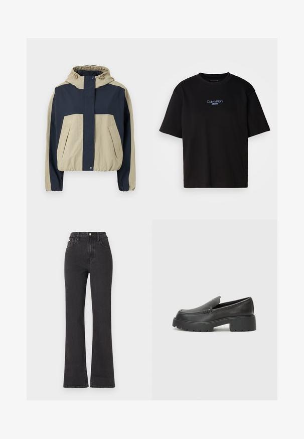 Kapuco jaka ar tumši zilu un bež krāsu bloku dizainu, elastīgiem aprocēm un divām priekšējām kabatām; izgatavota no viegla materiāla.; Melna kokvilnas T-kreklu ar apaļu kaklu, īsām piedurknēm un zilu izšūtu "Calvin Klein JEANS" logo priekšpusē.; Melnas augstā jostasvietā plati izgrieztas džinsus no denima, ar pogu aizdari, jostas cilpām un sānu kabatām. Gluda tekstūra ar minimālu izbalēšanu.; Melnas ādas mokasīni ar noapaļotu purngalu, biezs teksturēts zoles un minimālas dūriena detaļas. Gluds dizains bez redzamām auklām vai metāla elementiem.