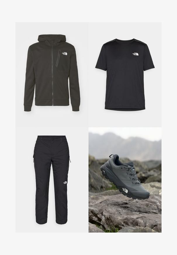 Must esindus musta kapuutsiga dressipluus, mis on valmistatud pehmest materjalist. Sellel on ees lukuga sulgemine, küljetaskud ja rinnaauk, millel on luku sulgemine.; Must mustaöödiga must T-särk, mis on valmistatud kerge riidekanga. Esiküljel on vasakul rinnal väike valge logo ning õlgadel on peened aktsendid.; The North Face WINTER EXPLORATION TAPERED CARGO - Õuepüksid - black; Hallhalli jooksukingad halli värvi, tekstureeritud ülemise osaga, vastupidava kummist tallaga ja tugevdatud varvaste kattega. Omab paelu ja kaubamärgi logo küljel.