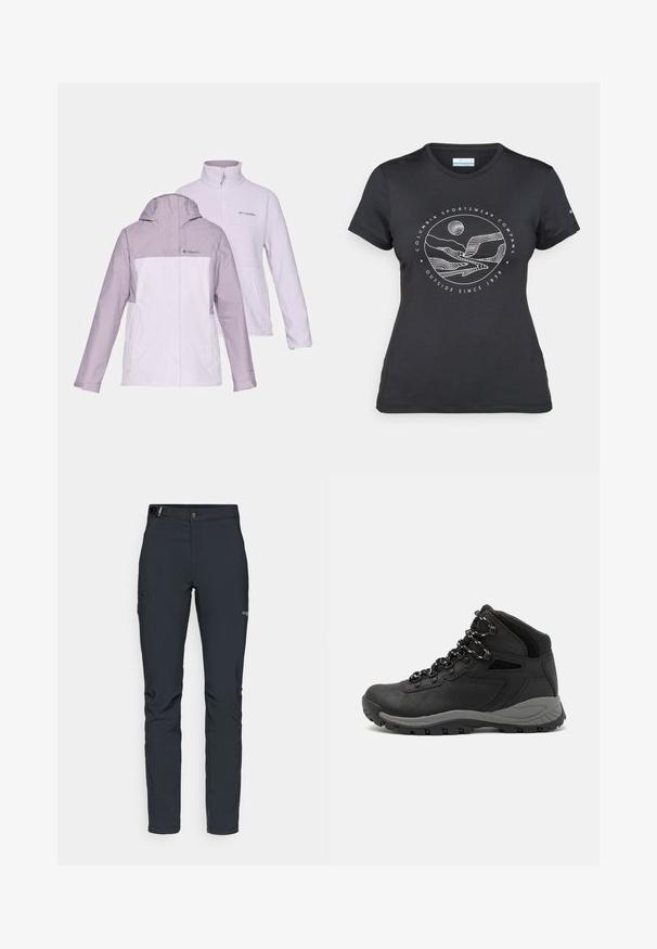 Duas jaquetas de exterior da Columbia: uma jaqueta leve, roxa e impermeável com capuz e uma jaqueta branca de lã com fecho e colarinho alto.; T-shirt preto da Columbia com arte em linha branca circular representando montanhas e rios, e o texto "Columbia Sportswear Company Outside Since 1938."; Calças de exterior para homens, cinza escuro, feitas de material flexível, com cinto, bolsos com fecho éclair e costuras reforçadas.; Bota de caminhada preta com design de cano médio, apresentando um upper texturizado, detalhes cinzentos e sola de borracha durável com cravos de tração.