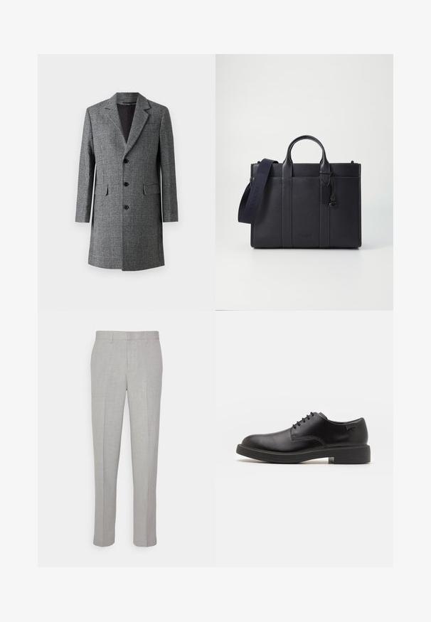 Hall graniidi pikad mantel, millel on aeru krae, kolm esikut, ja küljetaskud; omaduseks on tekstuuriga sarnane villane kangas ja sile sisemus.; Musthave muströid ja pehmest materjalist must turtleneck, millel on pikad varrukad ja tihe istuvus. Ribaga ääris allservas ja vöökohal. Lihtne disain.; Heledad hallid püksid sileda tekstuuriga, lame esiots ja sirged sääred. Valmistatud hingavast kangast, millel on sisepocketid ja vöölõngad.; Must beemel levalis kingad ümarate varvastega, sileda pinnaga, minimaalsete õmblustega ja madala kummist kontsaga. Logo kontsa peal.; Tumedat mere nahkbriefcase kahekordsete ülemiste käepidemetega ja eemaldatava rihmaga. Omab tekstureeritud viimistlust, vertikaalset õmblust ja logodetaili.