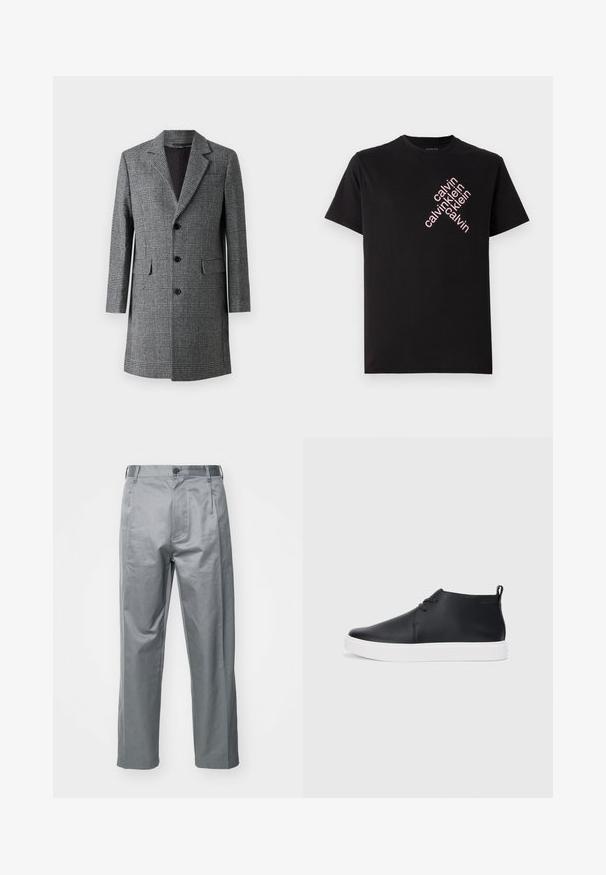 Manteau long à carreaux gris avec un col cranté, trois boutons à l'avant et des poches latérales ; il présente un tissu texturé semblable à de la laine et un intérieur lisse.; T-shirt en coton noir avec un imprimé diagonal du logo "calvin klein" rose sur le devant. Manches courtes et encolure arrondie.; Pantalons en mélange de coton gris à coupe droite, avec une fermeture à bouton sur le devant, des passants de ceinture et des poches latérales.; Baskets montantes en cuir noir au fini lisse, semelle en caoutchouc blanc et design simple à lacets. Comprend une languette à l'arrière.