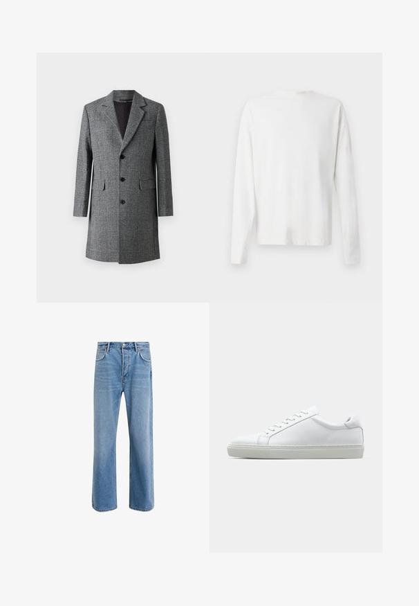 Grauer karierter langer Mantel mit Reverskragen, drei vorderen Knöpfen und seitlichen Taschen; verfügt über einen strukturierten, wollähnlichen Stoff und ein glattes Innenfutter.; Langärmliges weißes Baumwollhemd mit rundem Ausschnitt, seitlichen Schlitzen am unteren Rand und glatter Textur, von hinten präsentiert.; Helle blaue Jeans im Geradeschnitt-Design, mit fünf Taschen, Knopfverschluss, minimaler Ausbleichung und kontrastierenden Nähdetails.; Weißer Sneaker mit glattem Lederobermaterial und niedrigem Profil. Verfügt über eine runde Zehenpartie, sechs Ösen und eine strukturierte Gummisohle.