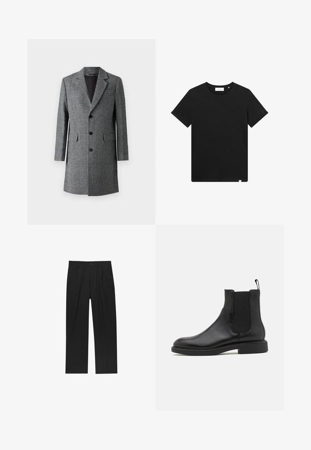 Manteau long à carreaux gris avec un col cranté, trois boutons à l'avant et des poches latérales ; il présente un tissu texturé semblable à de la laine et un intérieur lisse.; T-shirt noir à manches courtes en coton, avec un col rond et un petit logo brodé sur la poitrine. Texture lisse, coupe standard.; Pantalons noirs au design droit, fabriqués à partir d'un tissu lisse. Dotés de plis sur le devant et d'une fermeture à un bouton à la taille.; Botte de cheville en cuir noir avec une texture lisse, des panneaux latéraux élastiques et une languette. Bout rond et semelle en caoutchouc plate avec un minimal de relief.