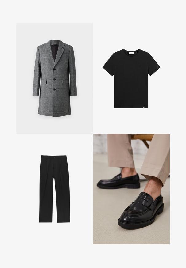 Grijze geruite lange jas met een notch lapel, drie knopen aan de voorkant en zijzakken; gemaakt van een gestructureerde wolachtige stof met een soepele binnenkant.; Zwarte T-shirt met korte mouwen van katoen, met een ronde hals en een klein logo geborduurd op de borst. Soepele textuur, normale pasvorm.; Zwarte broeken met een recht model, gemaakt van een gladde stof. Voorzien van een voorplooien en een enkele knoopsluiting bij de taille.; Zwarte leren loafers met een gladde afwerking, voorzien van een decoratieve band en contrasterende stiksels, gecombineerd met beige broeken.