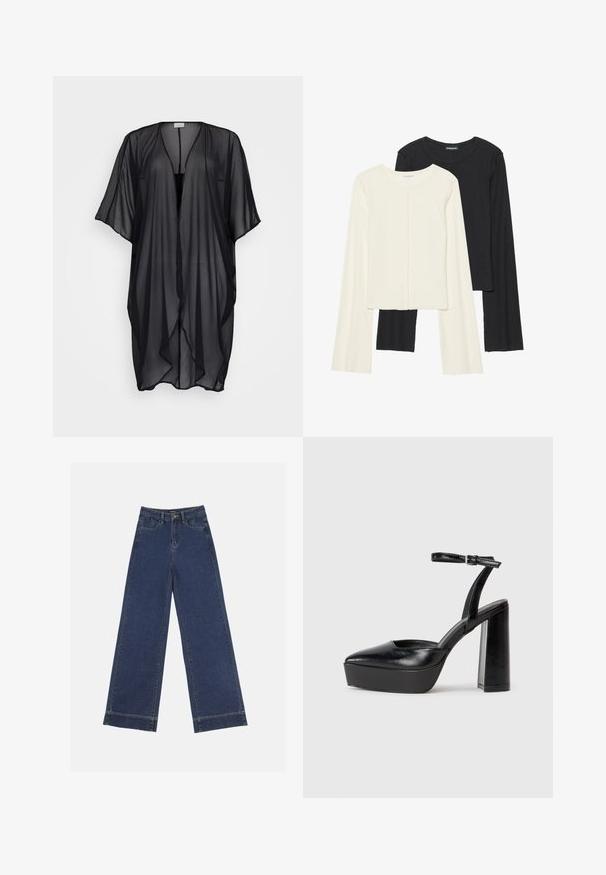 Must sääreline kimono, kerge kangas, avatud esiosa, lühikesed varrukad, voolav disain, pehme tekstuur ja sile viimistlus. Ilma kinnitusteta.; Kaksik Eri pikkusega valge ja musta värvi pikkade varrukatega topsi. Ribikstruktuur, ümar kaelus, lihav disain, veidi laienevate varrukatega.; Laiad püksid tumedast sinisest denimist. Omab viit taskut, vöölõke ja toore äärega allosas, kus on nähtavad õmblused.; Mustad platvormi kontsad terava ninaga ja reguleeritava pahkluuraamiga. Valmistatud siledast nahast, funktsioneerib massiivse plokknäheeliga.