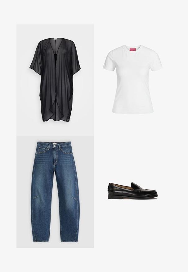 Must sääreline kimono, kerge kangas, avatud esiosa, lühikesed varrukad, voolav disain, pehme tekstuur ja sile viimistlus. Ilma kinnitusteta.; Valge puuvillane t-särk lühikeste varrukatega ja ümara kaelusega. Sisemaal on roosa silt. Sile tekstuur.; Tumedat sinised teksad sirge jala disainiga, millel on esikotid, kontrastõmblused ja jalgadel peenelt pleekinud tekstuur.; Must siin mustad nahast loaferid ümarate varvastega, libisemisega mudel ja peened õmblused peal. Lame kummist tall.