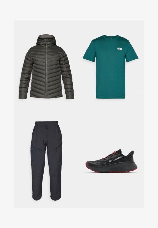 Giacca imbottita cappuccio verde scuro con zip frontale, maniche lunghe e logo sottile sul lato sinistro del petto.; T-shirt a maniche corte di colore teal realizzata in morbido cotone, con collo rotondo e un logo bianco sul lato sinistro del petto. Design semplice, senza motivi.; Pantaloni cargo neri realizzati in un materiale leggero e resistente all'acqua; presentano una vita elastica, diverse tasche con zip e gambe affusolate.; Scarpa sportiva nera con tomaia testurizzata, lacci rossi e logo. Suola spessa con battistrada a righe per una buona aderenza. Design minimalista, vista laterale.