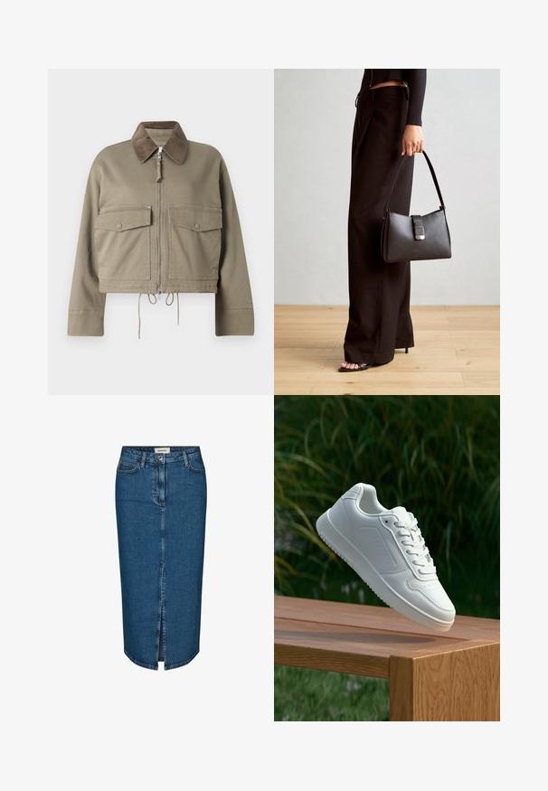 Kort, olivgrön jacka i bomull med en brun manchesterkrage, dragkedjestängning och två framfickor med tryckknappar.; Vit kortärmad topp med avslappnad passform, lätt textur och rundad halsringning. Bakifrån syns en slät och enkel design.; Jeanskjol i mörkblått, med en framtida slits, fem fickor och kontrasterande sömmar. Medelhög midja med en klassisk design.; Vita sneakers med en slät syntetisk ovandel, perforerat tåparti, platta snören och en strukturerad sula, placerade på en träyta.; Svart handväska med strukturerad form, slät yta och metallspänne. Matchad med vida svarta byxor och sandaler med öppen tå på trägolv.